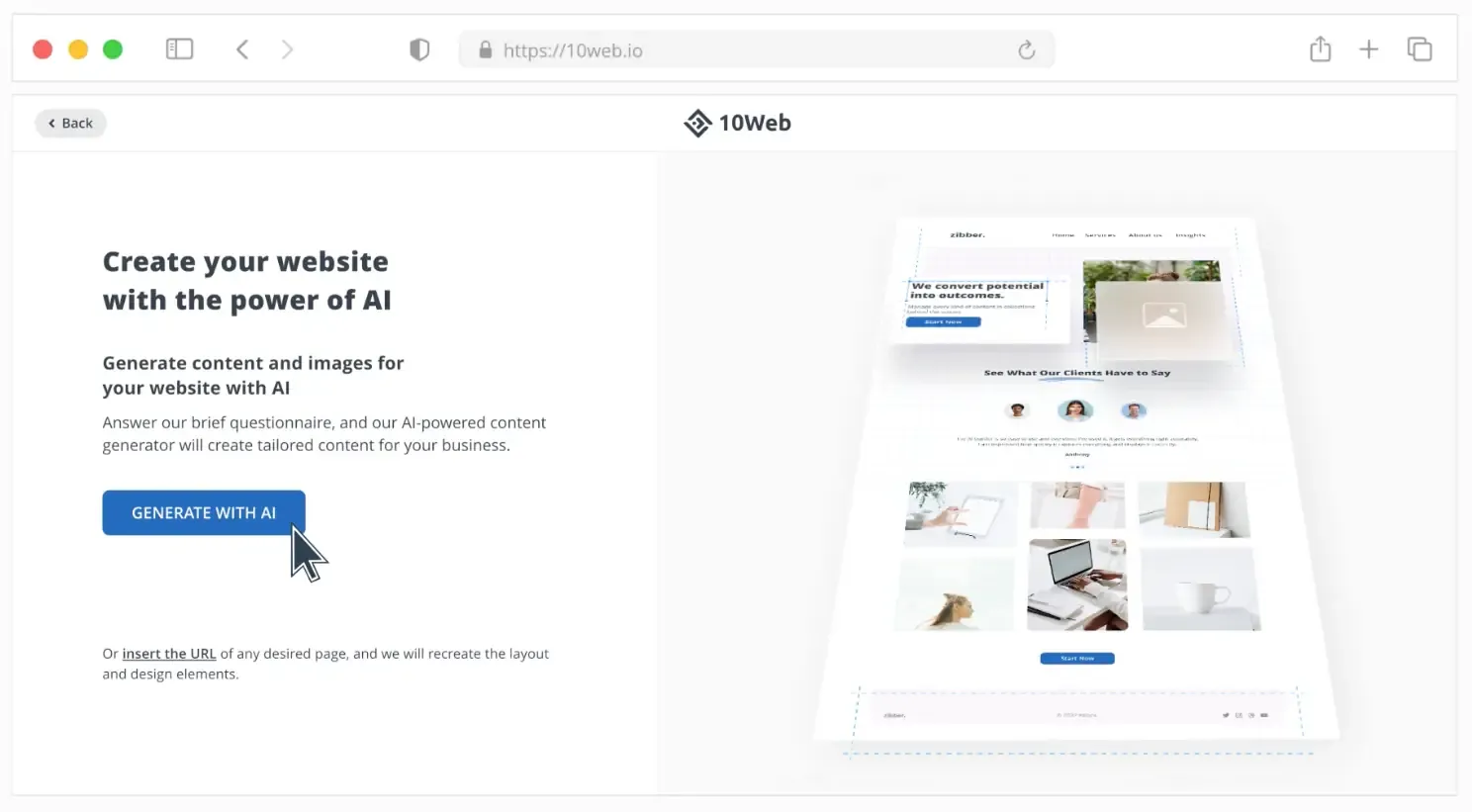 Interface de génération de site web sur 10web.io