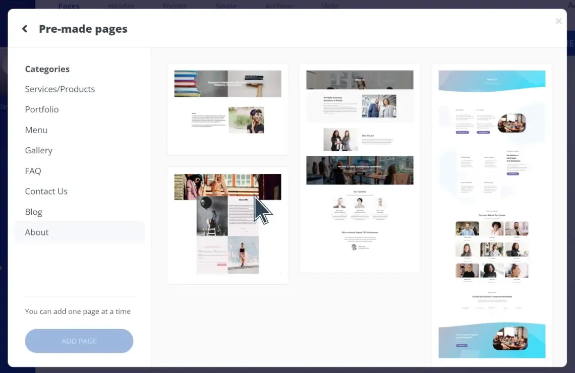10web propose de nombreux templates de pages prédéfinis.