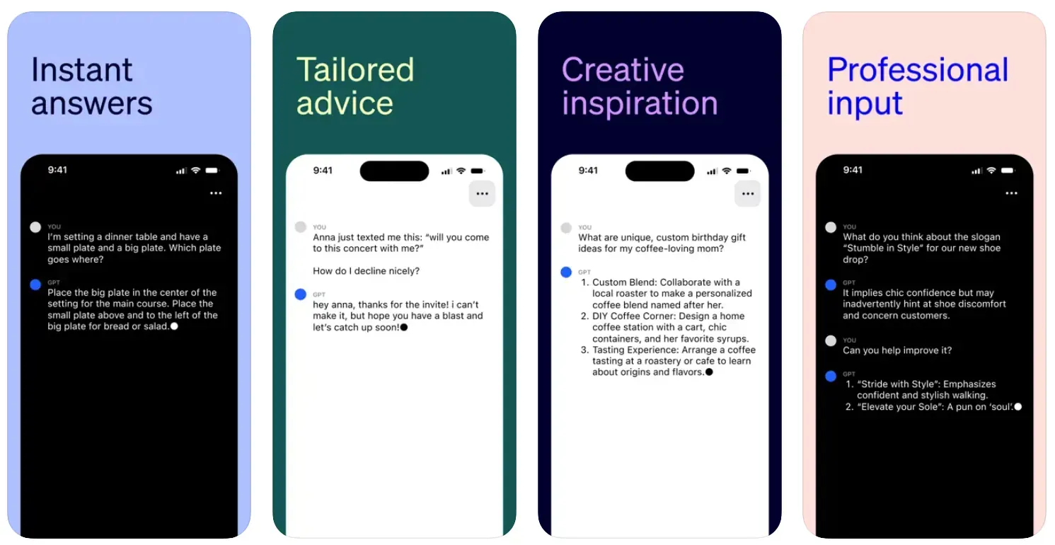 Captures d'écran de l'application ChatGPT sur l'App Store.