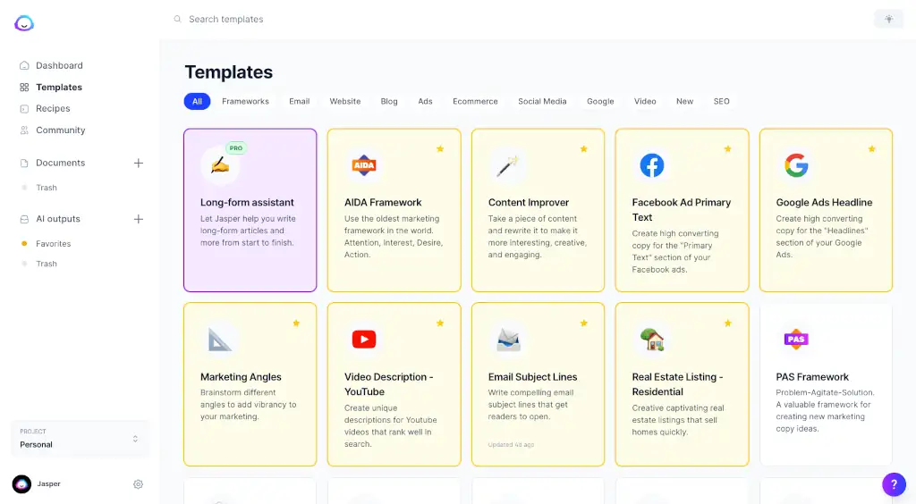 Dashboard des templates de contenu sur Jasper AI.