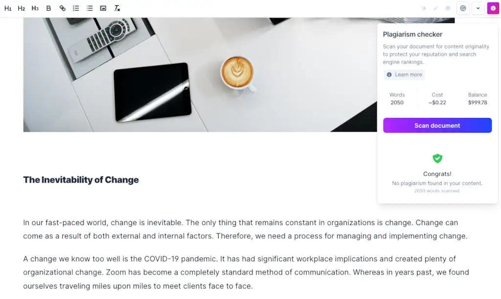 Integration de Copyscape avec Jasper AI pour détecter le plagiat.
