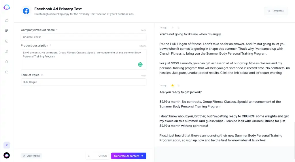 Interface de Jasper AI pour les templates marketing.