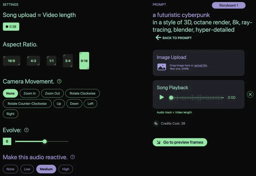 Sélection des options de génération vidéo avec Kaiber.