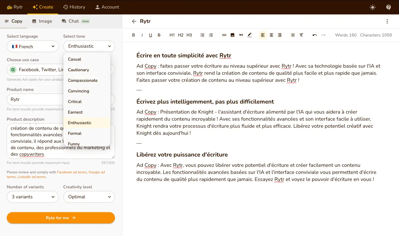 Interface utilisateurs de Rytr.