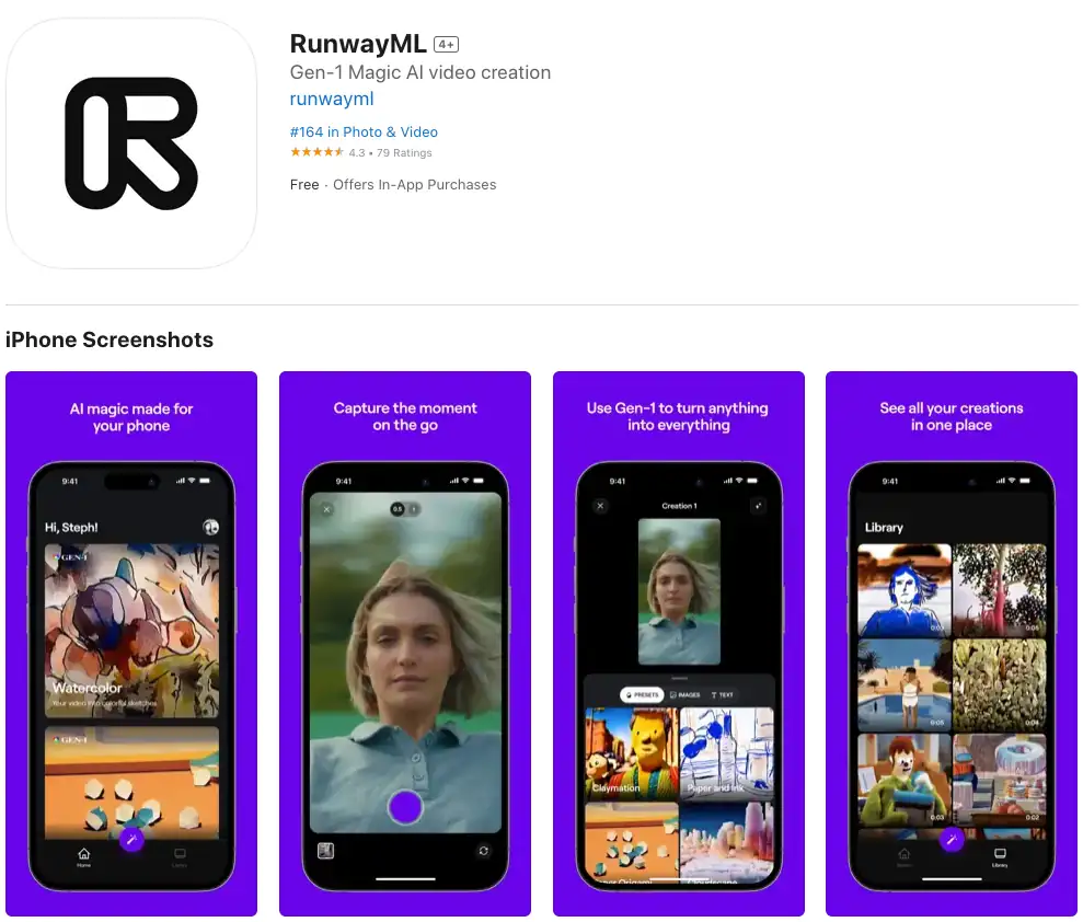 Ecrans de l'application mobile Runway ML
