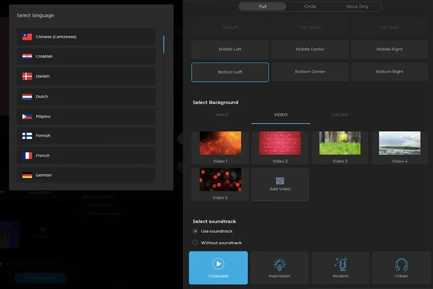 Synthesys - Réglages de la génération de vidéo à partir d'un texte.