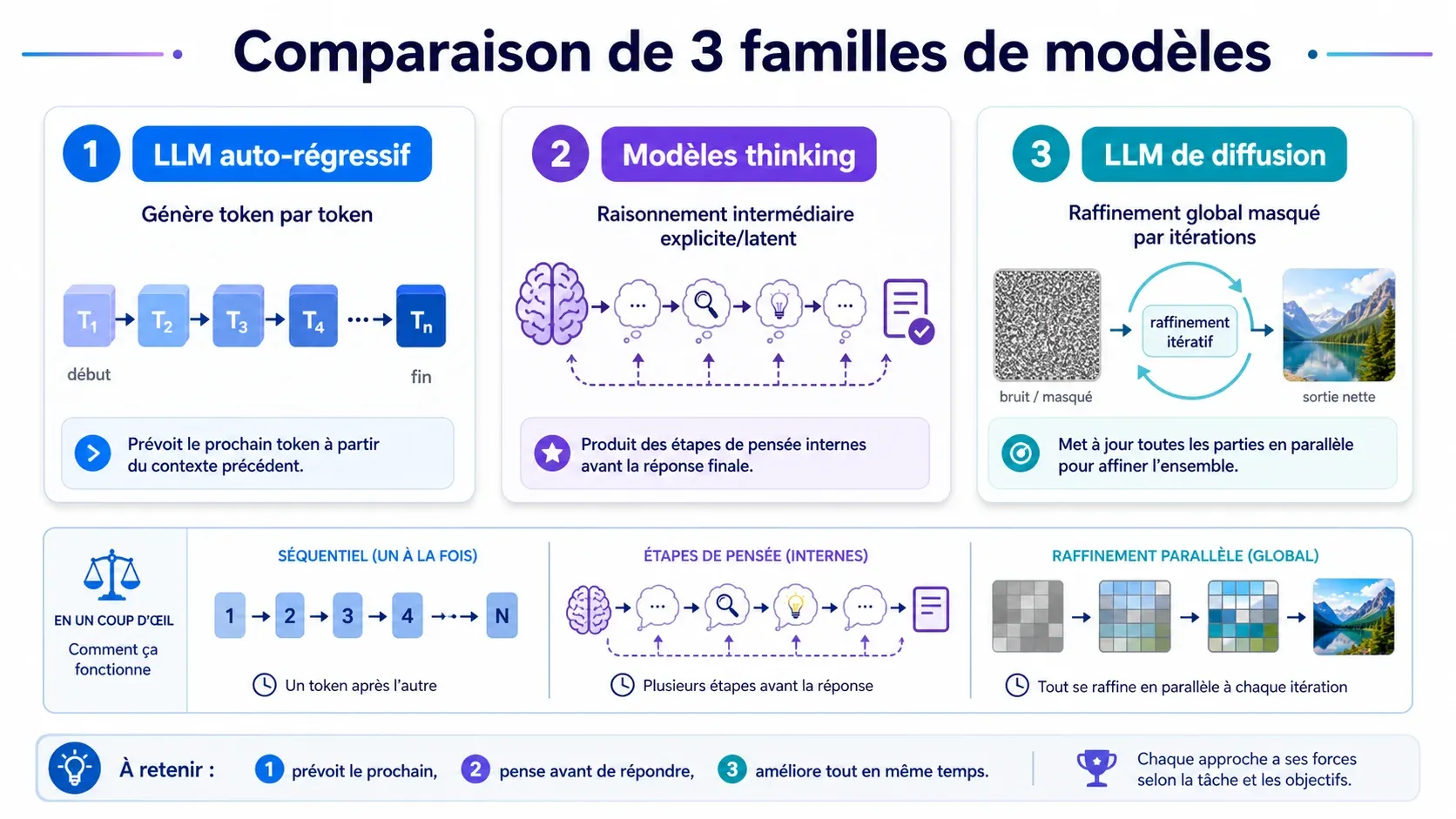 Schéma pédagogique des 3 familles de modèles (LLM Auto Régressif, Thinking et Diffusion), en français, style PowerPoint moderne lumineux. 