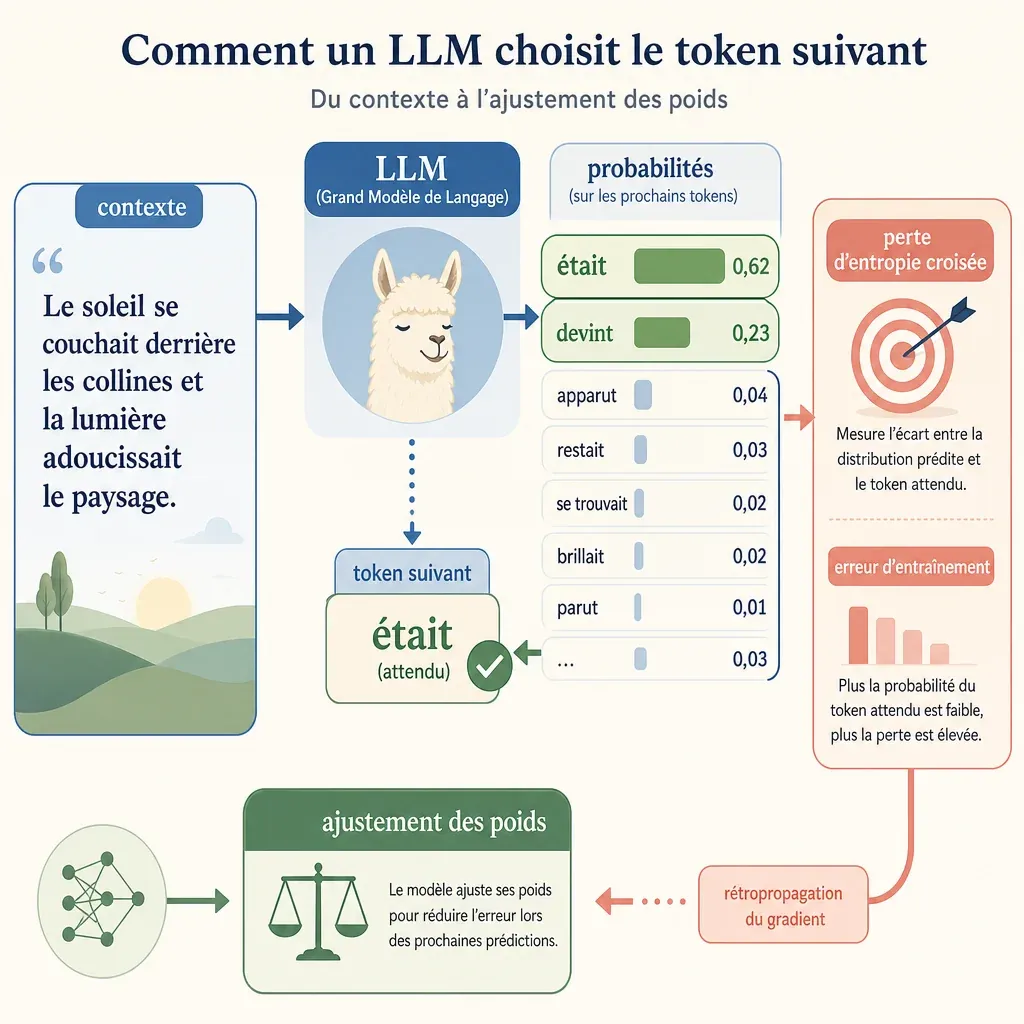 Schéma pédagogique élégant en français montrant un grand modèle de langage (LLM) qui choisit le token suivant. Composition infographique claire et chaleureuse, très lisible, peu technologique. Montrer une phrase d’exemple avec le contexte à gauche, p