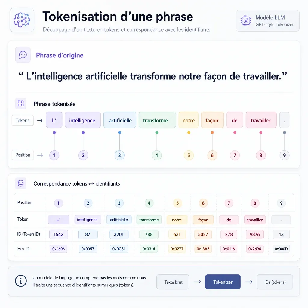Schéma élégant et premium d’une interface LLM moderne montrant une phrase en français découpée en tokens colorés. Chaque fragment de texte est séparé visuellement en blocs arrondis de couleurs distinctes et relié clairement à un identifiant numérique