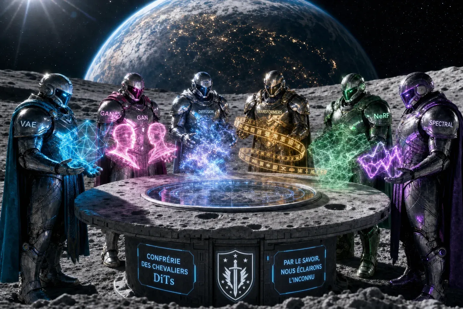Confrérie des chevaliers DiTs autour d'une table ronde, sur la lune, montrant leurs pouvoirs d'IA générative. Devise "Par le savoir nous éclairons l'inconnu".