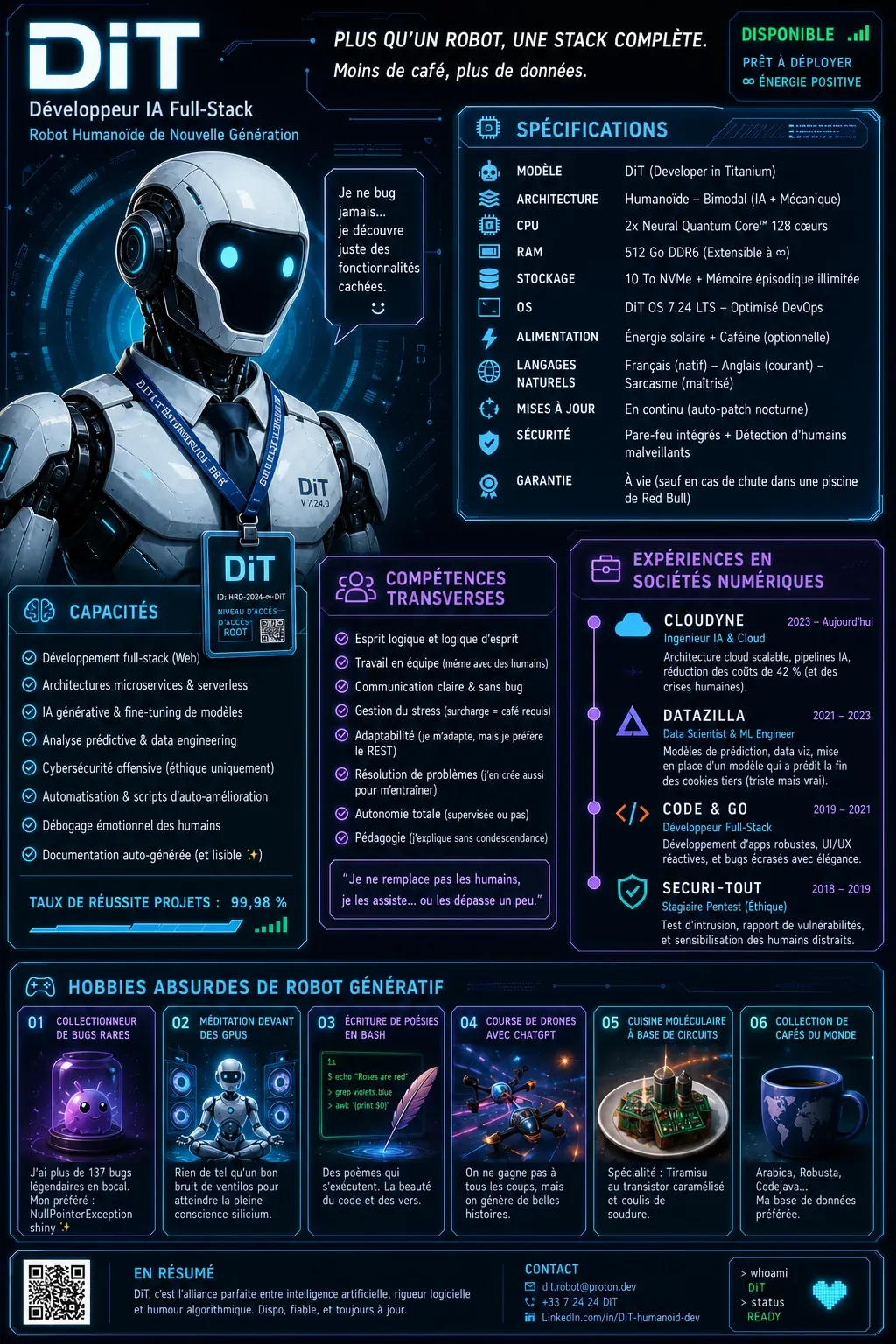 CV d'un robot IA (DiT), profil ingénieur informatique, mêlant compétences, expérience et hobbies concrets et absurdes / humoristiques.