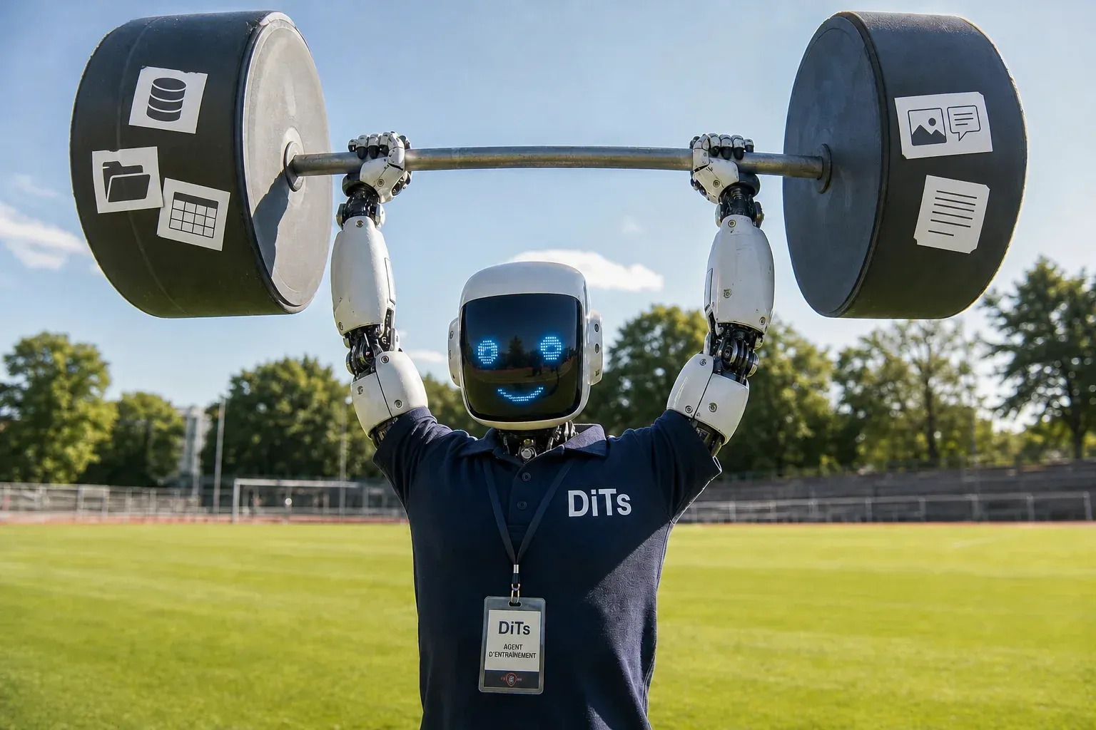 Robot technicien DiTs s'entraînant dans un environnement sportif avec une haltère représentant des types de données variées.