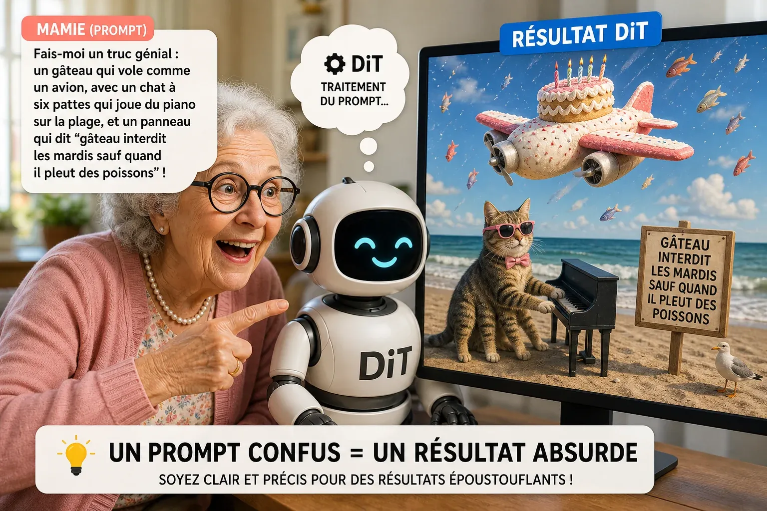 Mamie souriante donnant un prompt confus à un robot DiT, résultat absurde à l’écran : gâteau-avion, chat à six pattes, panneau "Gâteau interdit les mardis sauf quand il pleut des poissons". 