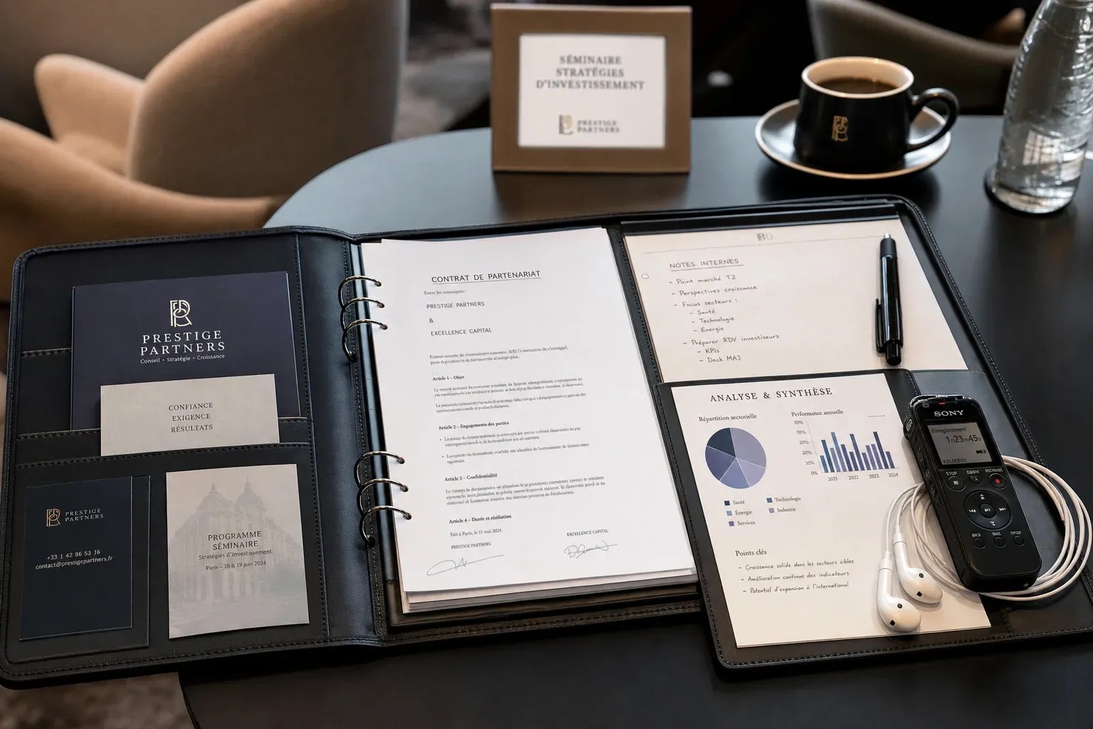 Dossier professionnel ouvert sur une table en contexte de congrès/séminaire élégant, vue soignée et premium. Le dossier contient visiblement un PDF contractuel imprimé, des graphiques clairs, une présentation commerciale, des notes internes et un dis