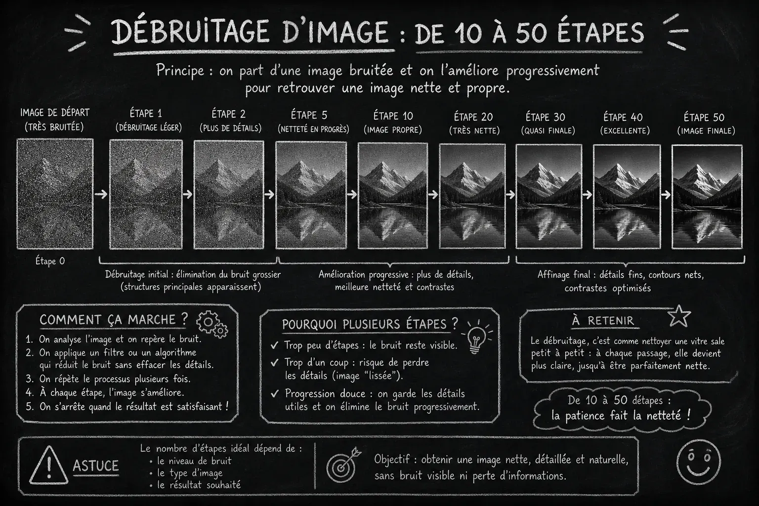 Tableau d’école à la craie. Grand schéma expliquant le débruitage d’image en 10 à 50 étapes. Progression de gauche à droite : du bruit à l'image finale. Cadres explicatifs, démarche pédagogique et collectible.