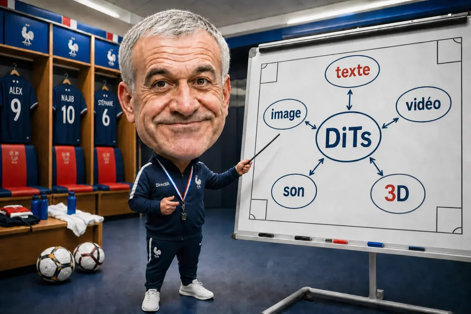 Coach fictif de l'équipe de France de Football, avec une grosse tête, expliquant une stratégie d'IA Générative DiTs sur son paperboard.