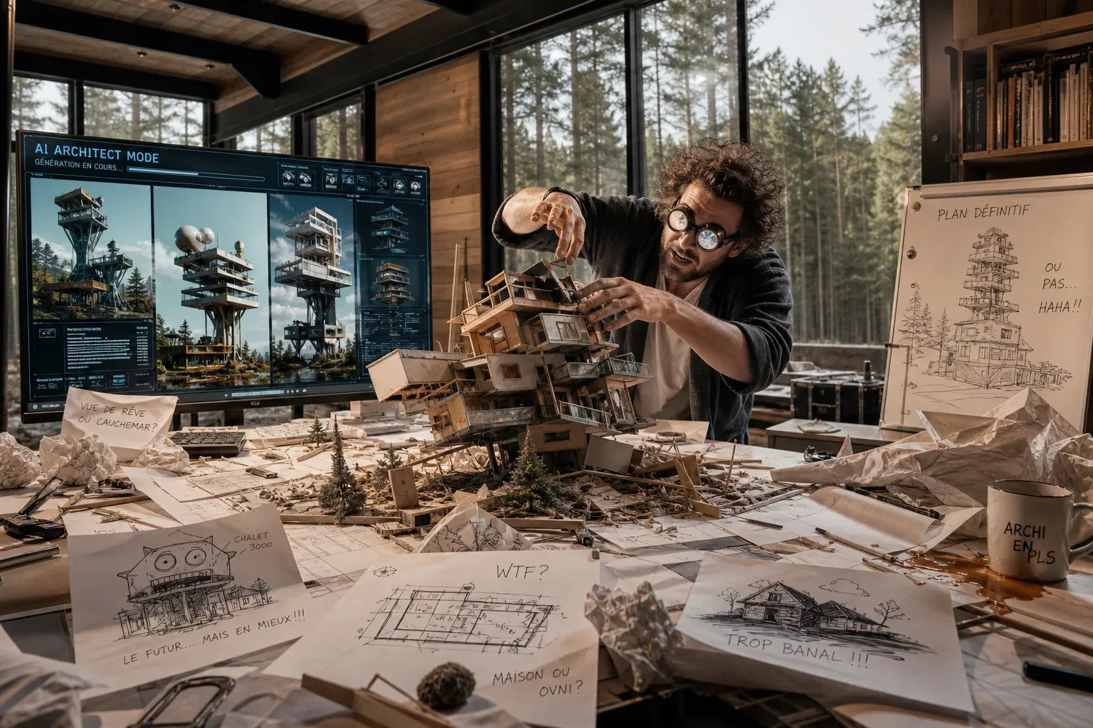 Architecte manipulant une maquette chaotique devant des rendus IA de tours, dans un atelier en forêt.