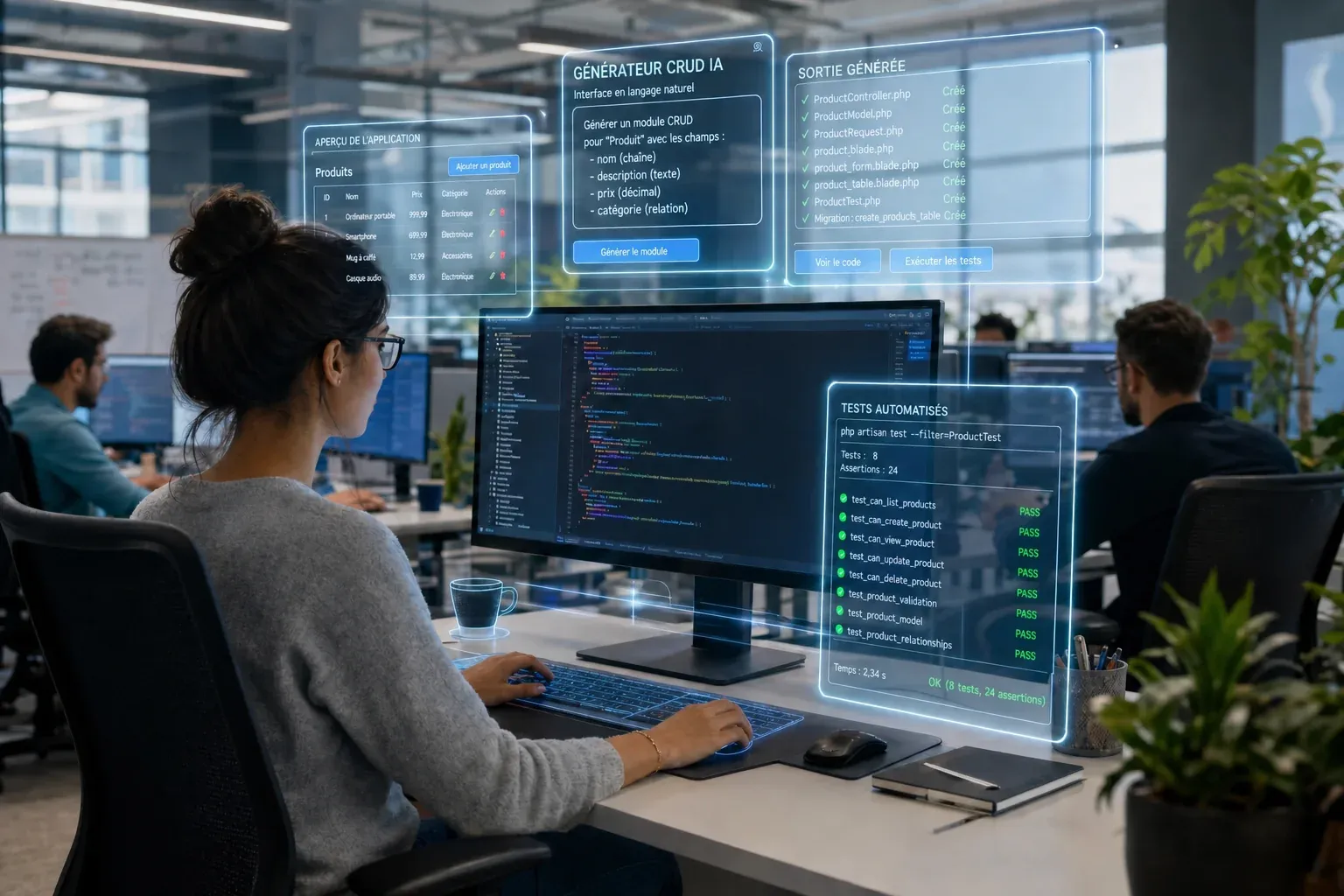 Développeuse au bureau devant un écran de code avec interfaces IA de génération CRUD et tests automatisés.