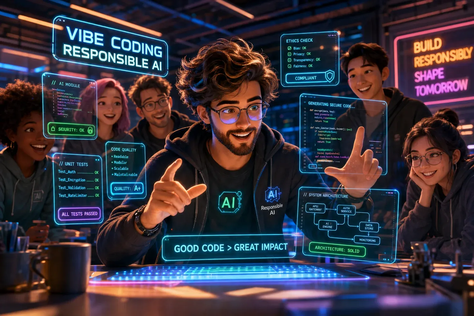 Illustration d’une équipe de développeurs créant une IA responsable avec code, tests et vérifications éthiques.