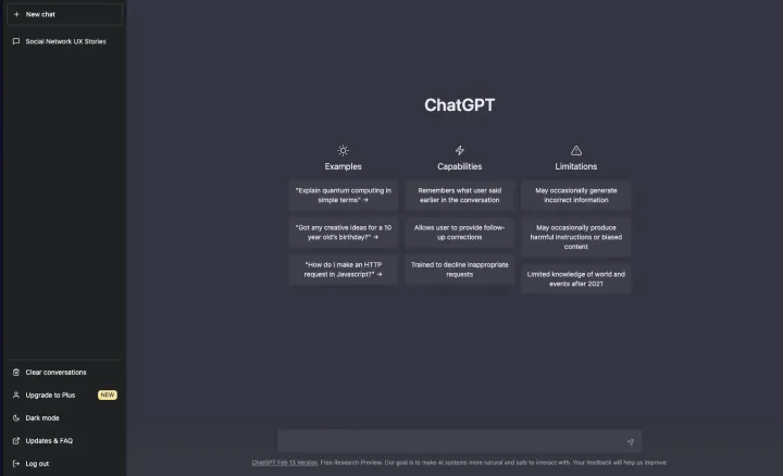 ChatGPT - Page d'accueil du chatbot.
