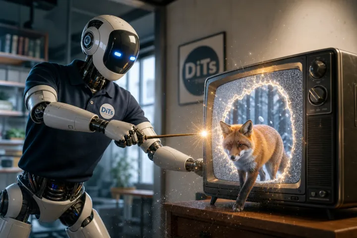 Robot humanoïde avec badge "DiTs" frappant une vieille télévision cathodique affichant des parasites avec une baguette magique, révèlant un renard roux dans une forêt enneigée.