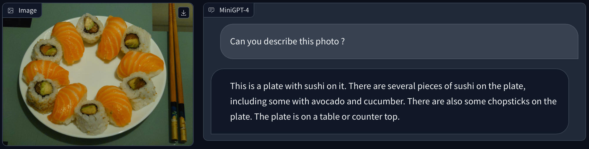Description d'une photo contenant une assiette de sushis avec MiniGPT