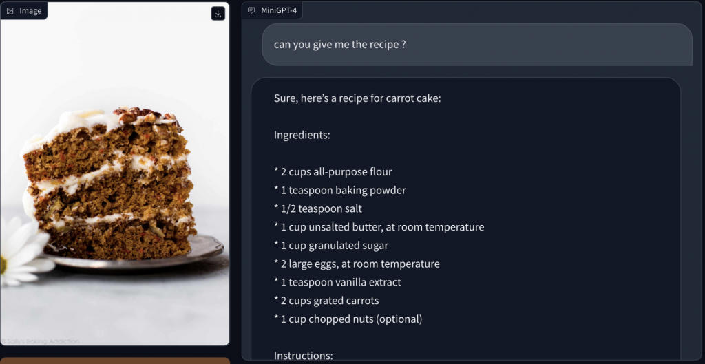 Le chatbot MiniGPT-4 analyse la photo d'un carrot-cake et propose une recette.