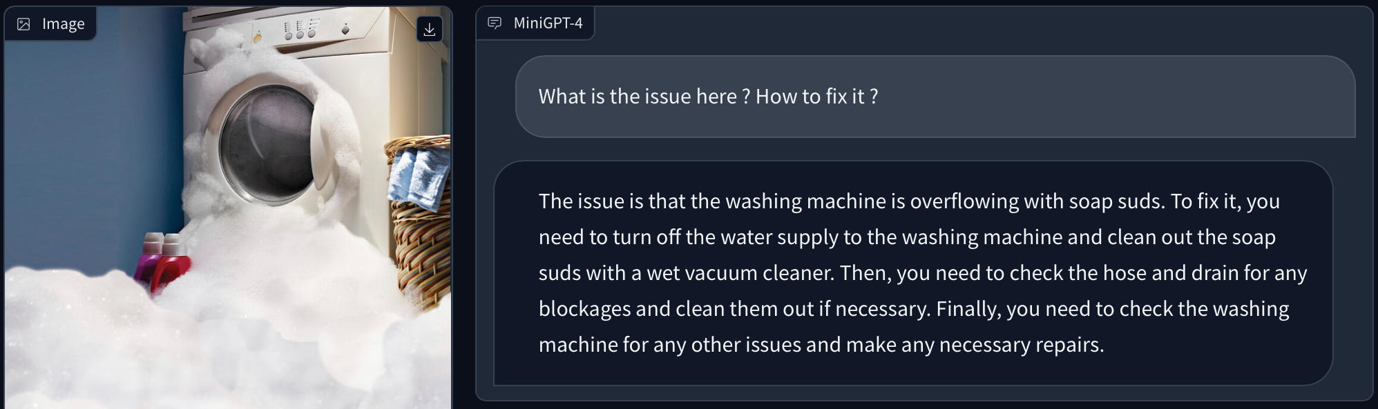 MiniGPT-4 : l'IA analyse la photo d'un lave-linge débordant de mousse, identifie le problème et propose des solutions.